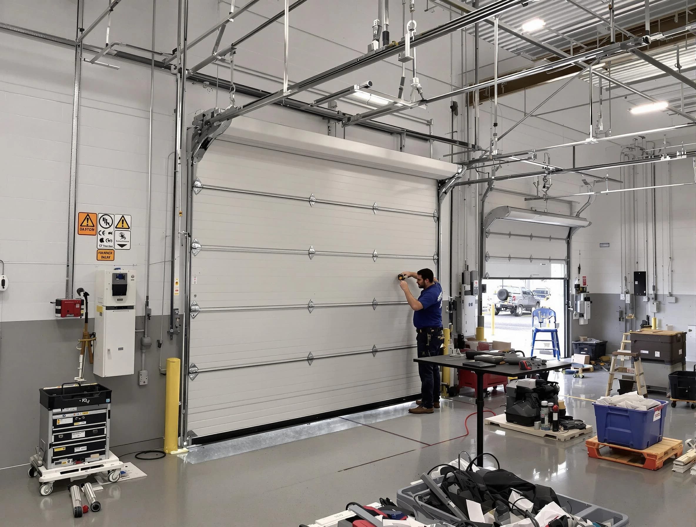 Commercial garage door repair being performed by Monroeville Garage Door Repair expert in Monroeville