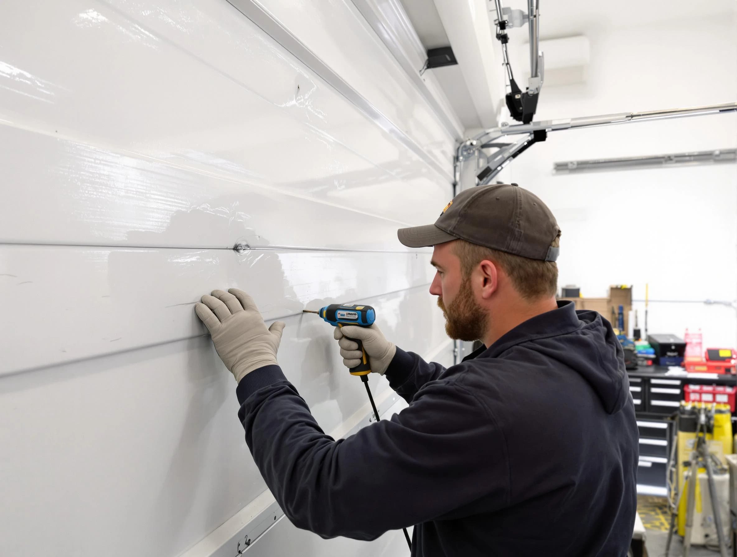 Monroeville Garage Door Repair technician demonstrating precision dent removal techniques on a Monroeville garage door